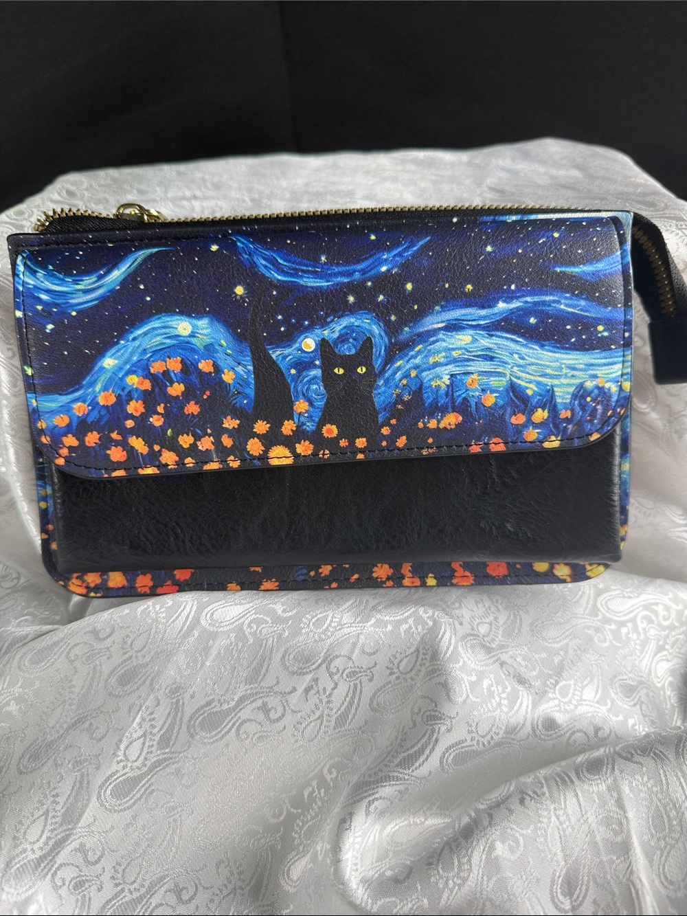 Black Cat Starry Night Crossbody Wallet - Black